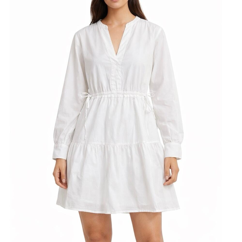 Rails White Cotton Tencel Long Sleeve Mini Dress M Drawstring Waist Tunnel
